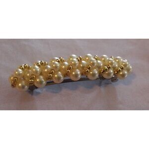 Vintage Gold Tone & Faux Pearl Beaded Hair Barrette Clip